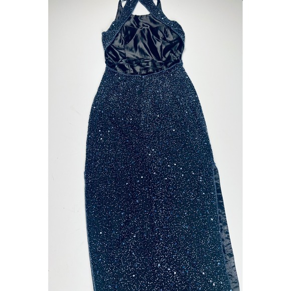 Vintage SCALA Beaded Halter Neck Evening Gown Blue 100% Silk Formal Dress Medium - Picture 10 of 17